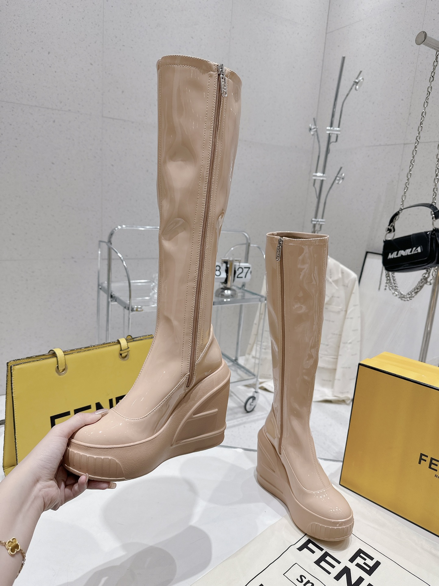Bagsaaa F**di Patent Leather Long Nude Boot