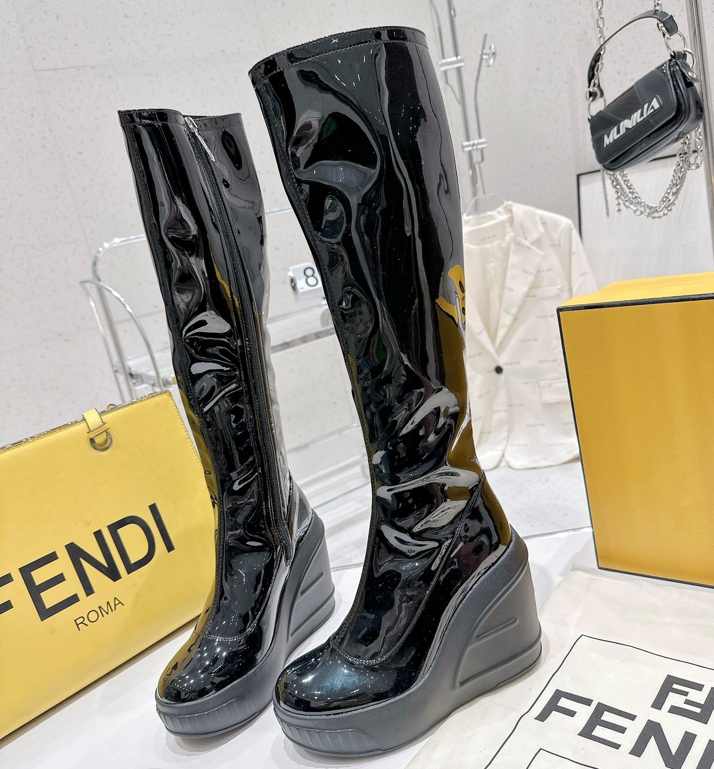 Bagsaaa F**di Patent Leather Long Black Boot
