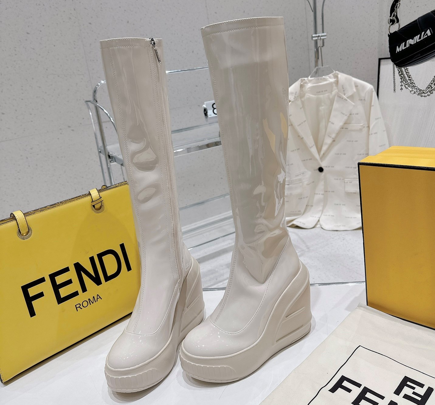 Bagsaaa F**di Patent Leather Long White Boot
