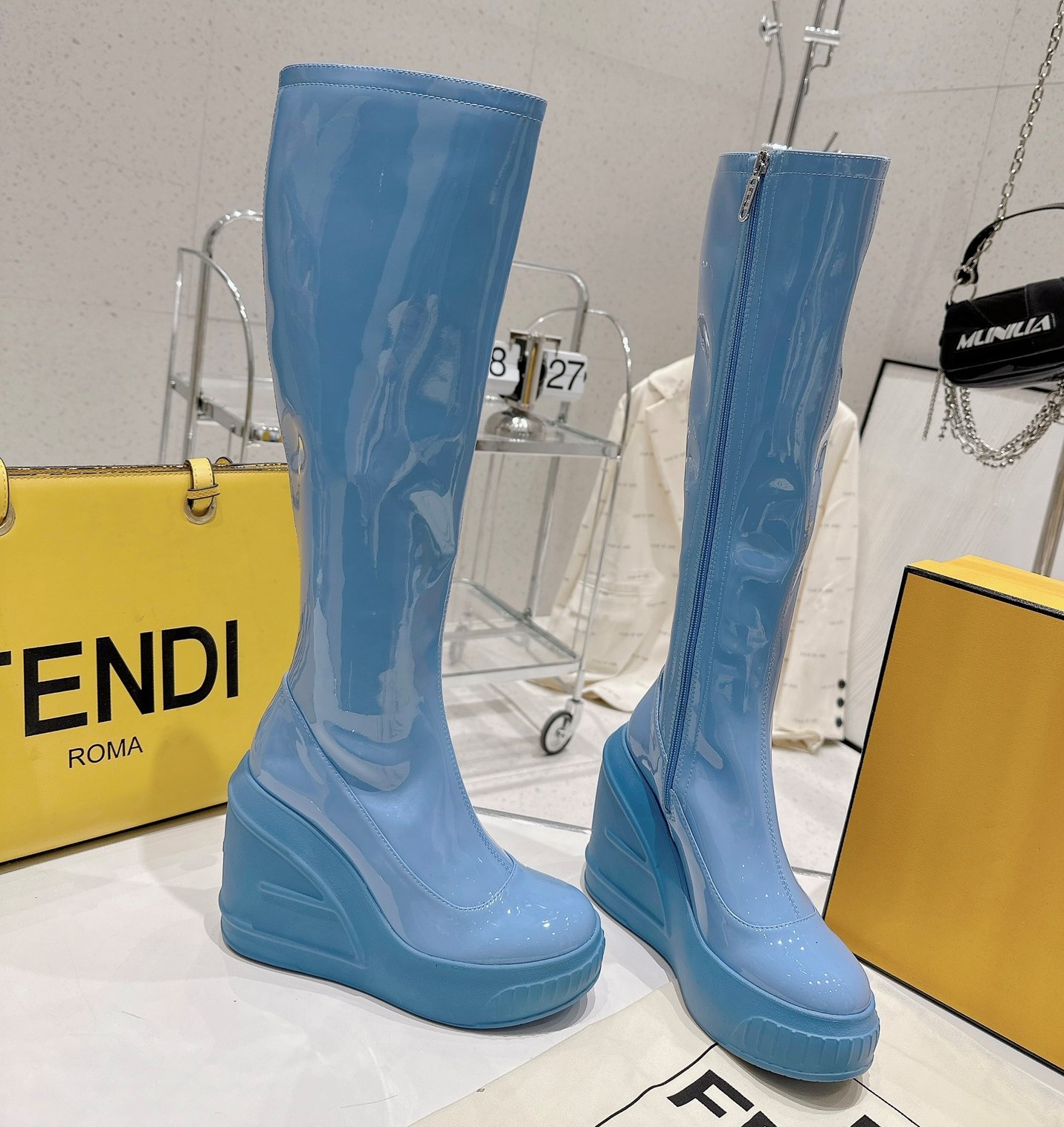 Bagsaaa F**di Patent Leather Long Blue Boot