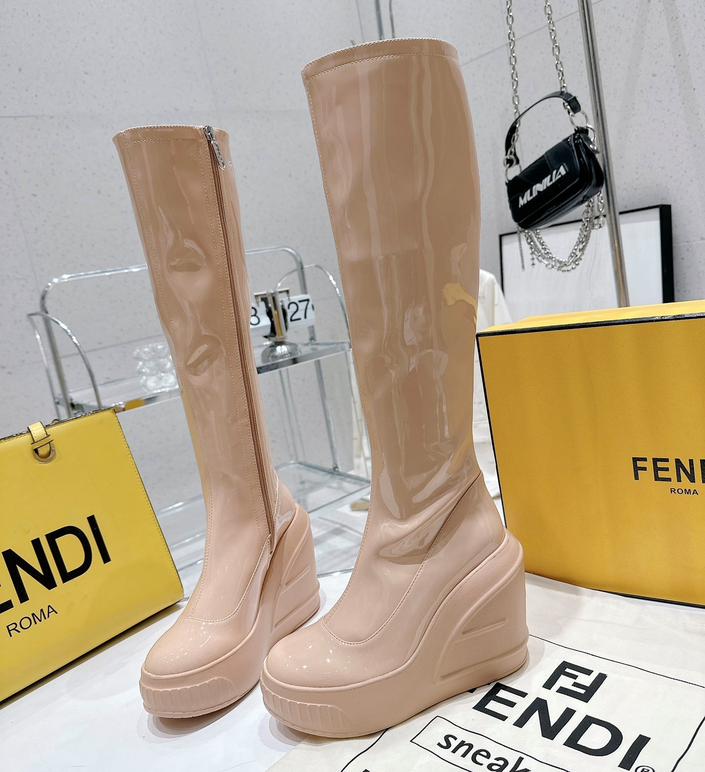 Bagsaaa F**di Patent Leather Long Nude Boot