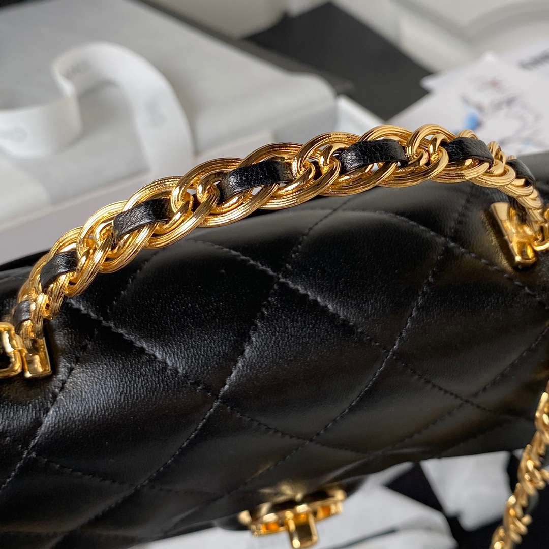 Bagsaaa Ch**el Flap Bag Lambskin Leather Gold Handle In Black - 13X21X8cm