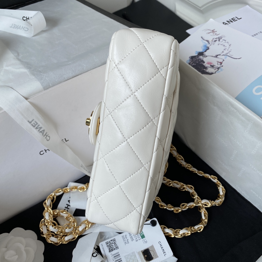 Bagsaaa Ch**el Flap Bag Lambskin Leather Gold Handle In White - 13X21X8cm