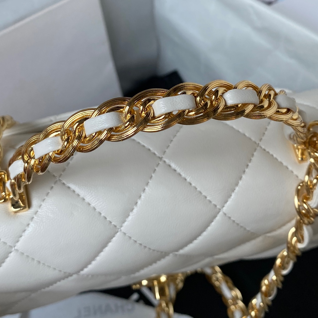 Bagsaaa Ch**el Flap Bag Lambskin Leather Gold Handle In White - 13X21X8cm