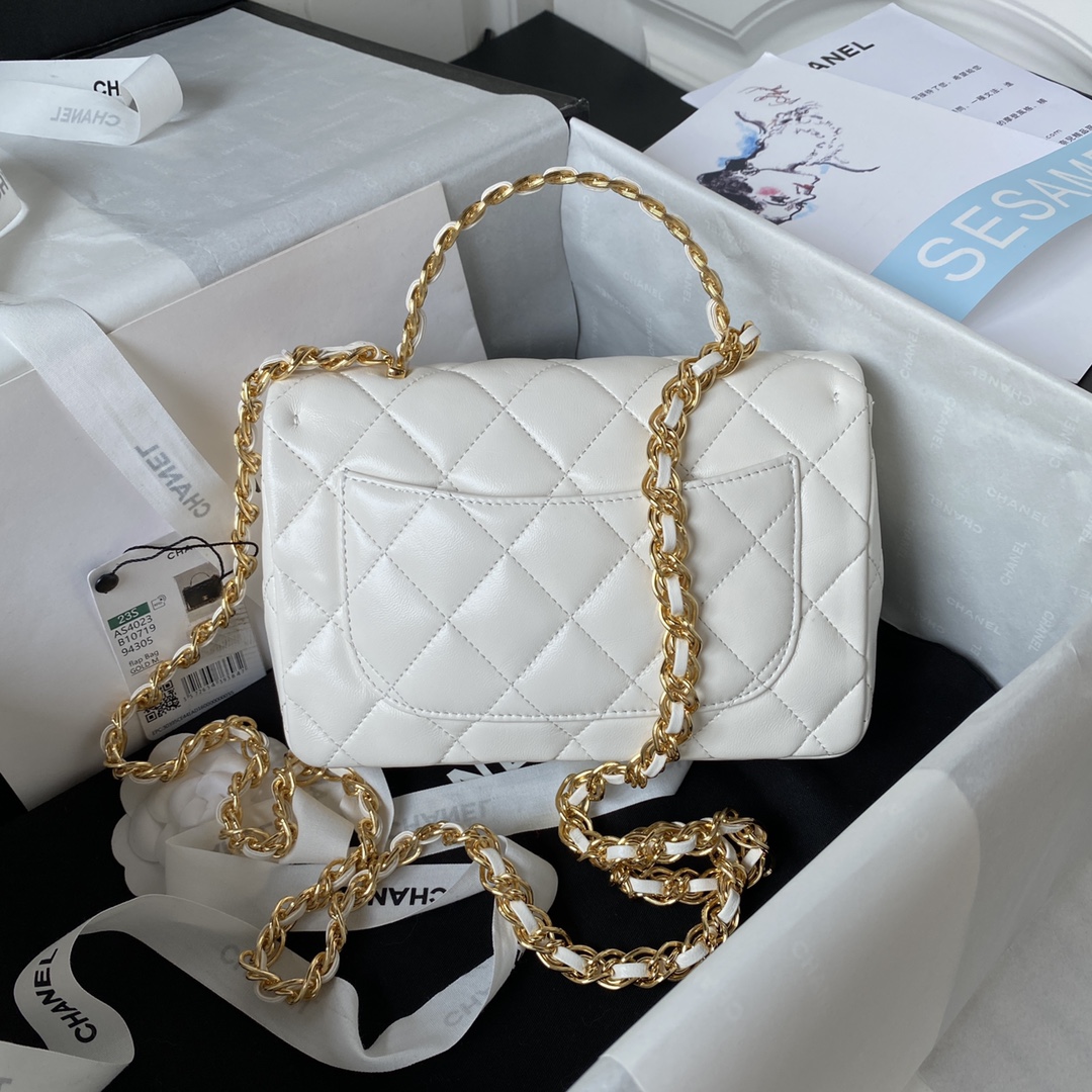 Bagsaaa Ch**el Flap Bag Lambskin Leather Gold Handle In White - 13X21X8cm