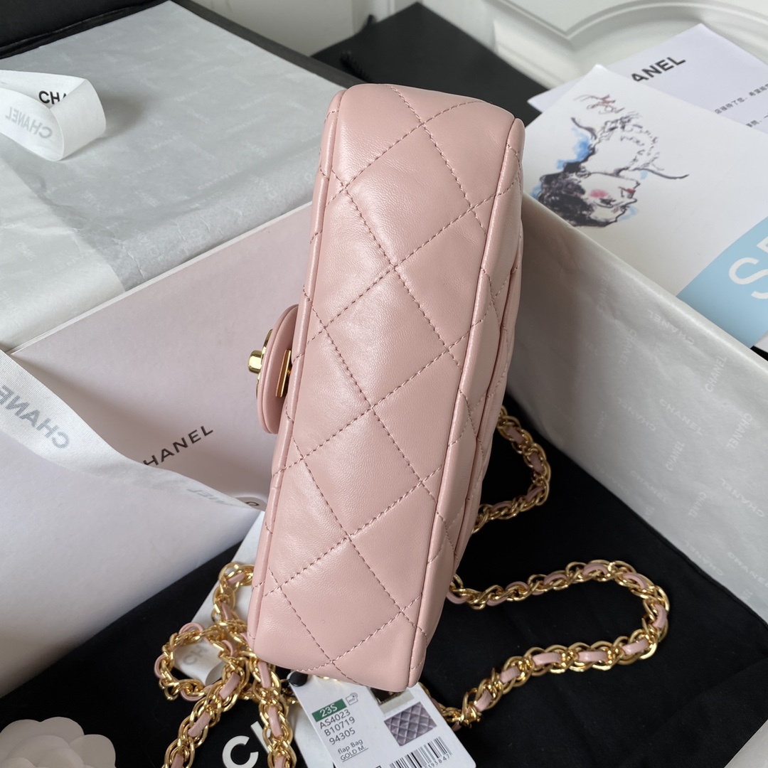 Bagsaaa Ch**el Flap Bag Lambskin Leather Gold Handle In Pink - 13X21X8cm