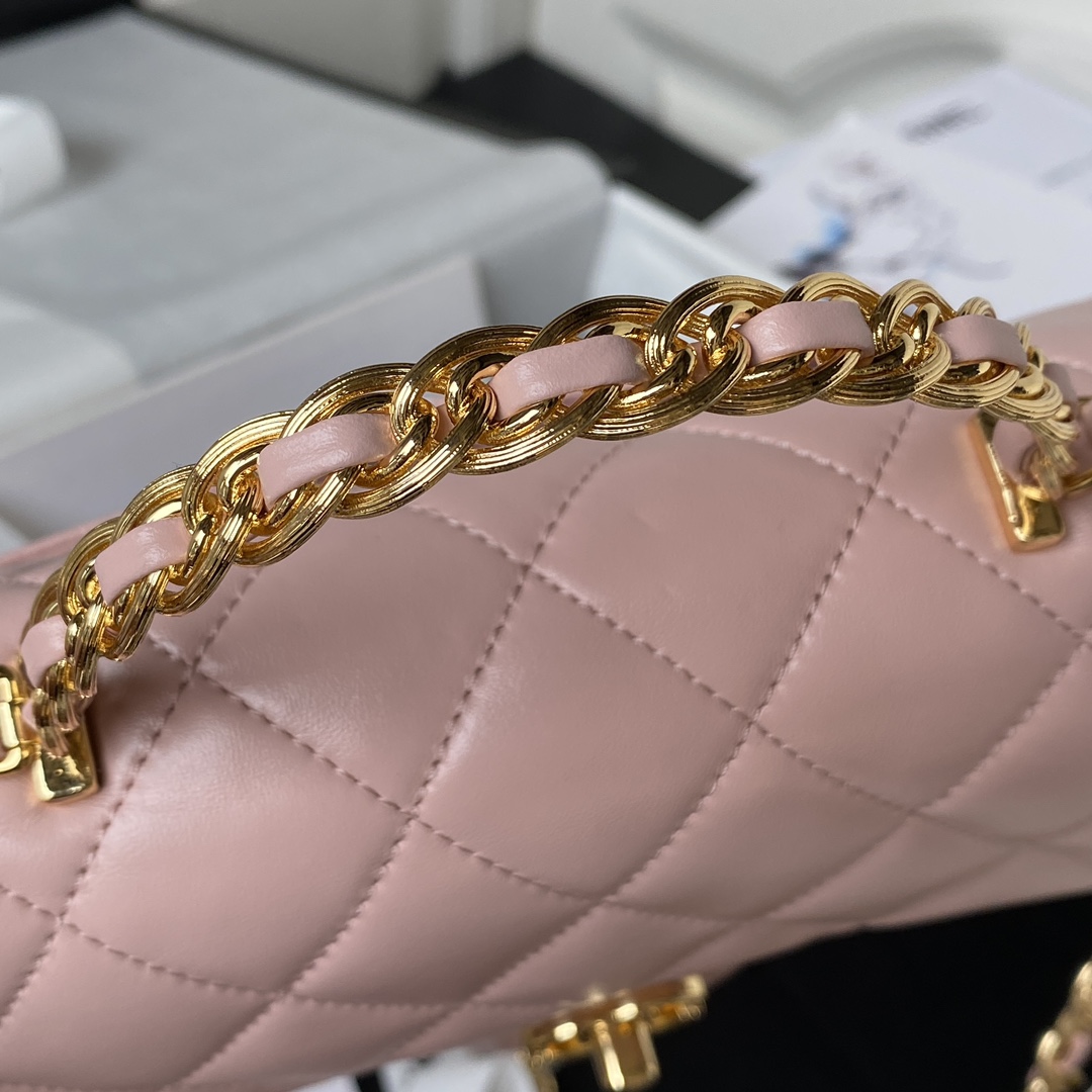 Bagsaaa Ch**el Flap Bag Lambskin Leather Gold Handle In Pink - 13X21X8cm