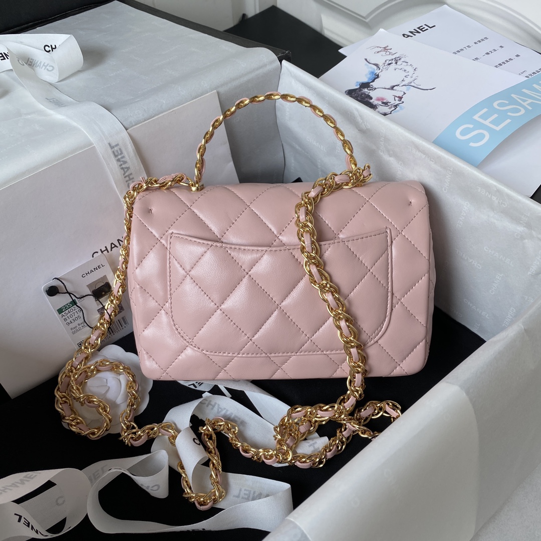 Bagsaaa Ch**el Flap Bag Lambskin Leather Gold Handle In Pink - 13X21X8cm