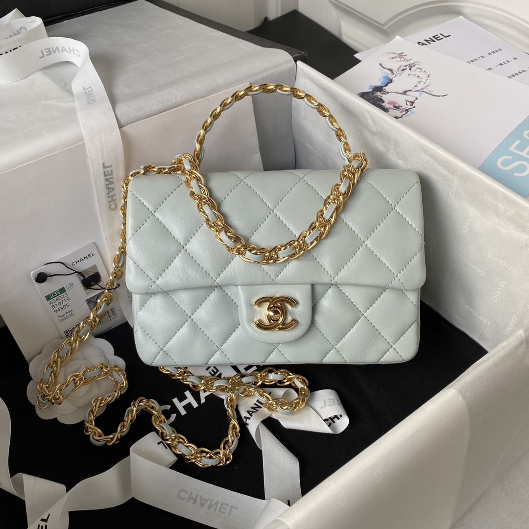 Bagsaaa Ch**el Flap Bag Lambskin Leather Gold Handle In Gray - 13X21X8cm