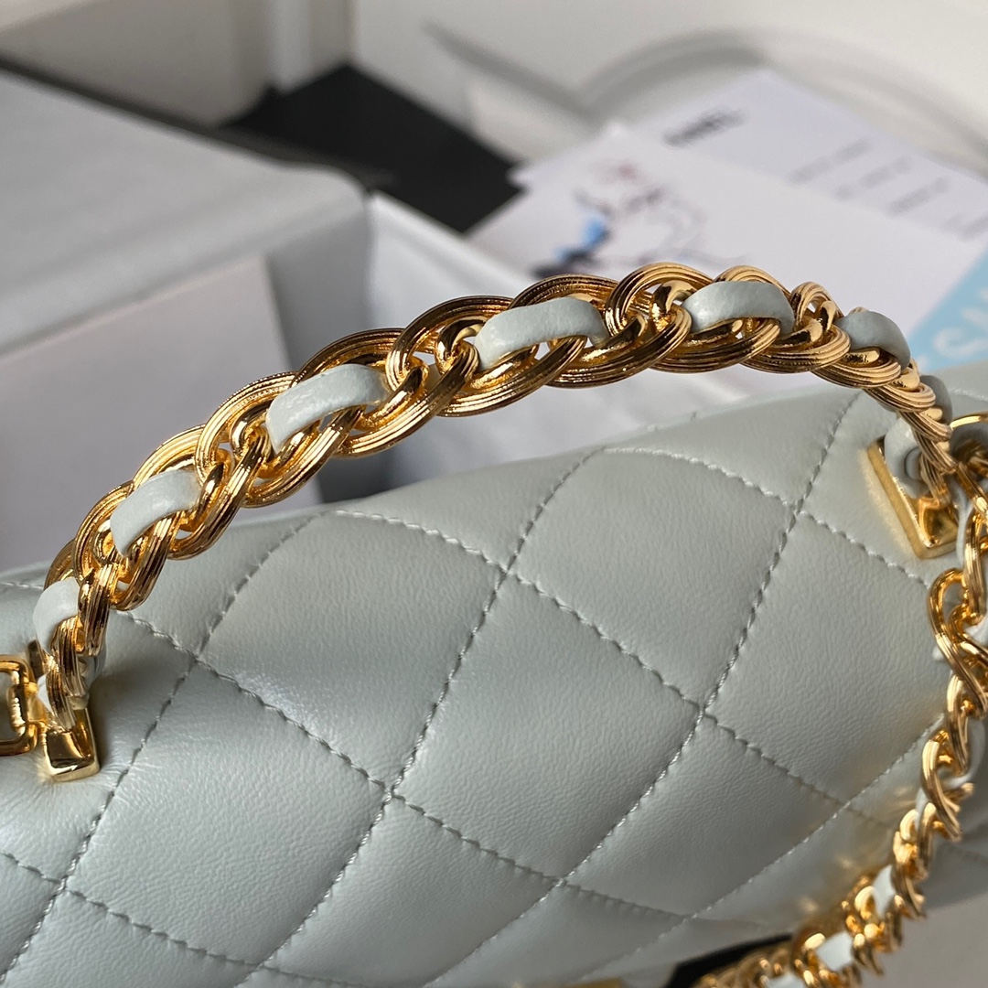 Bagsaaa Ch**el Flap Bag Lambskin Leather Gold Handle In Gray - 13X21X8cm