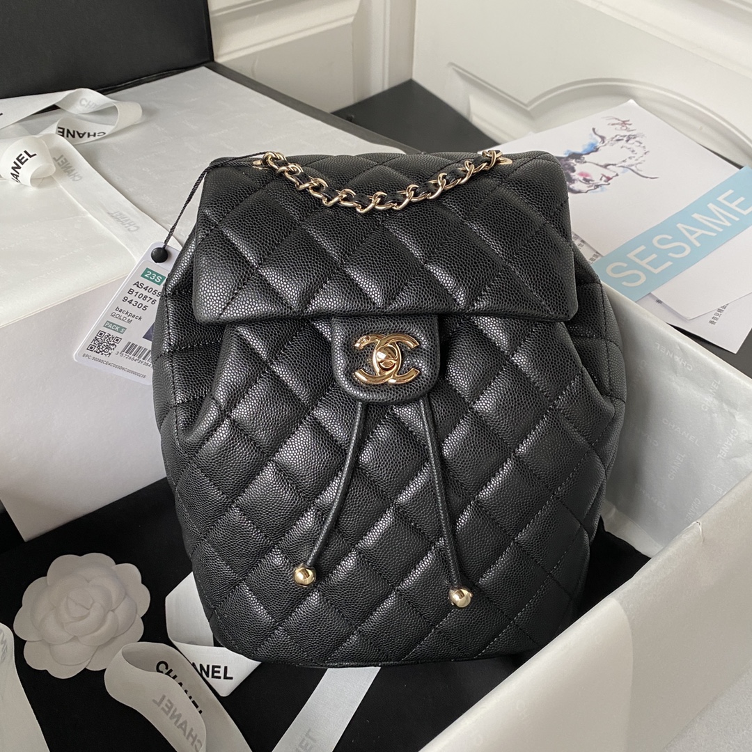 Bagsaaa Ch**el Calfskin Plain Caviar Leather Black Backpack - 25X20X12cm