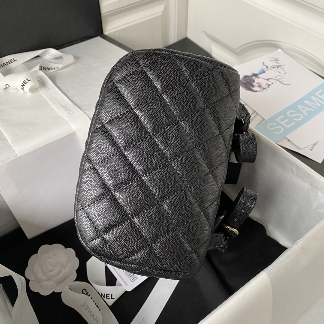 Bagsaaa Ch**el Calfskin Plain Caviar Leather Black Backpack - 25X20X12cm