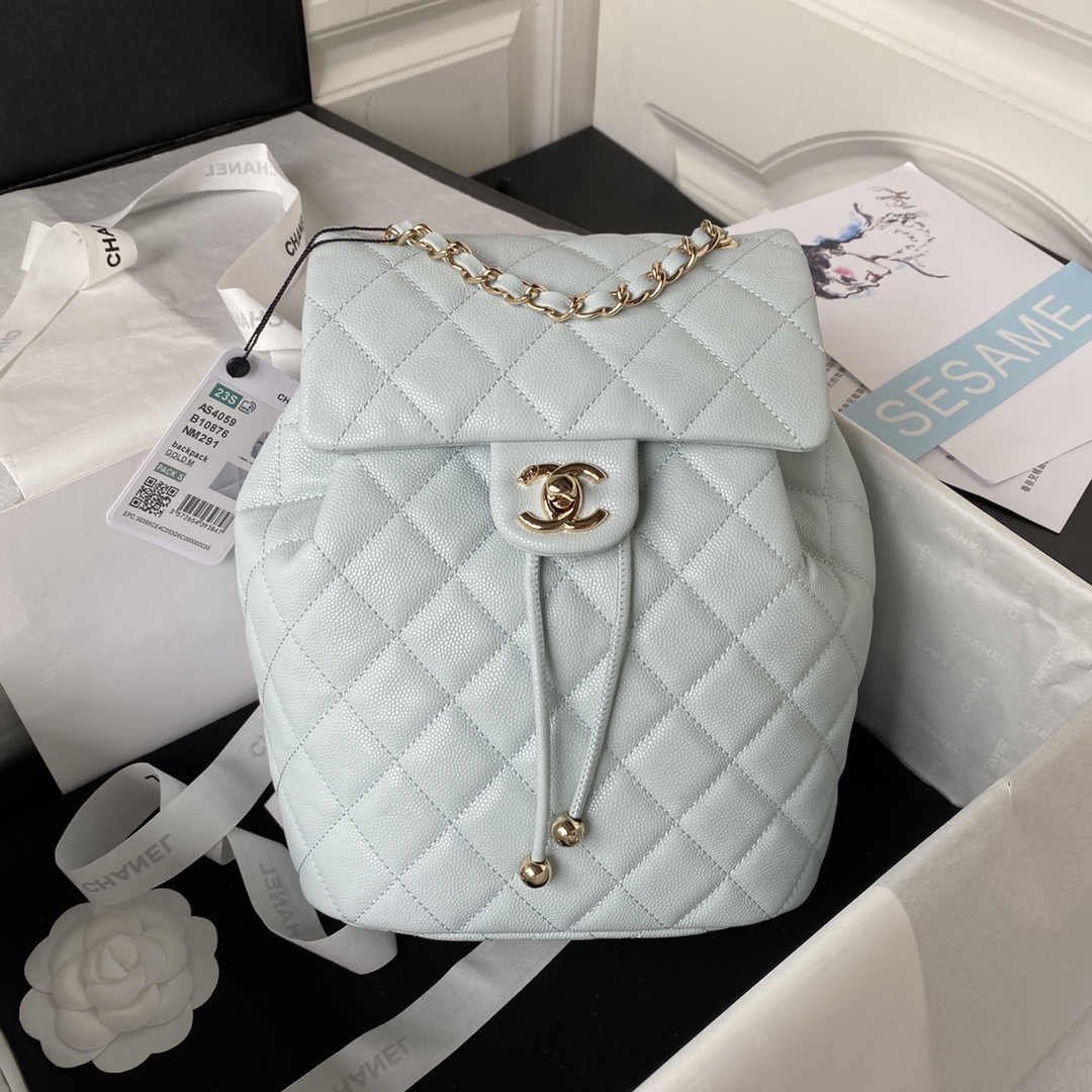Bagsaaa Ch**el Calfskin Plain Caviar Leather Light Blue Backpack - 25X20X12cm