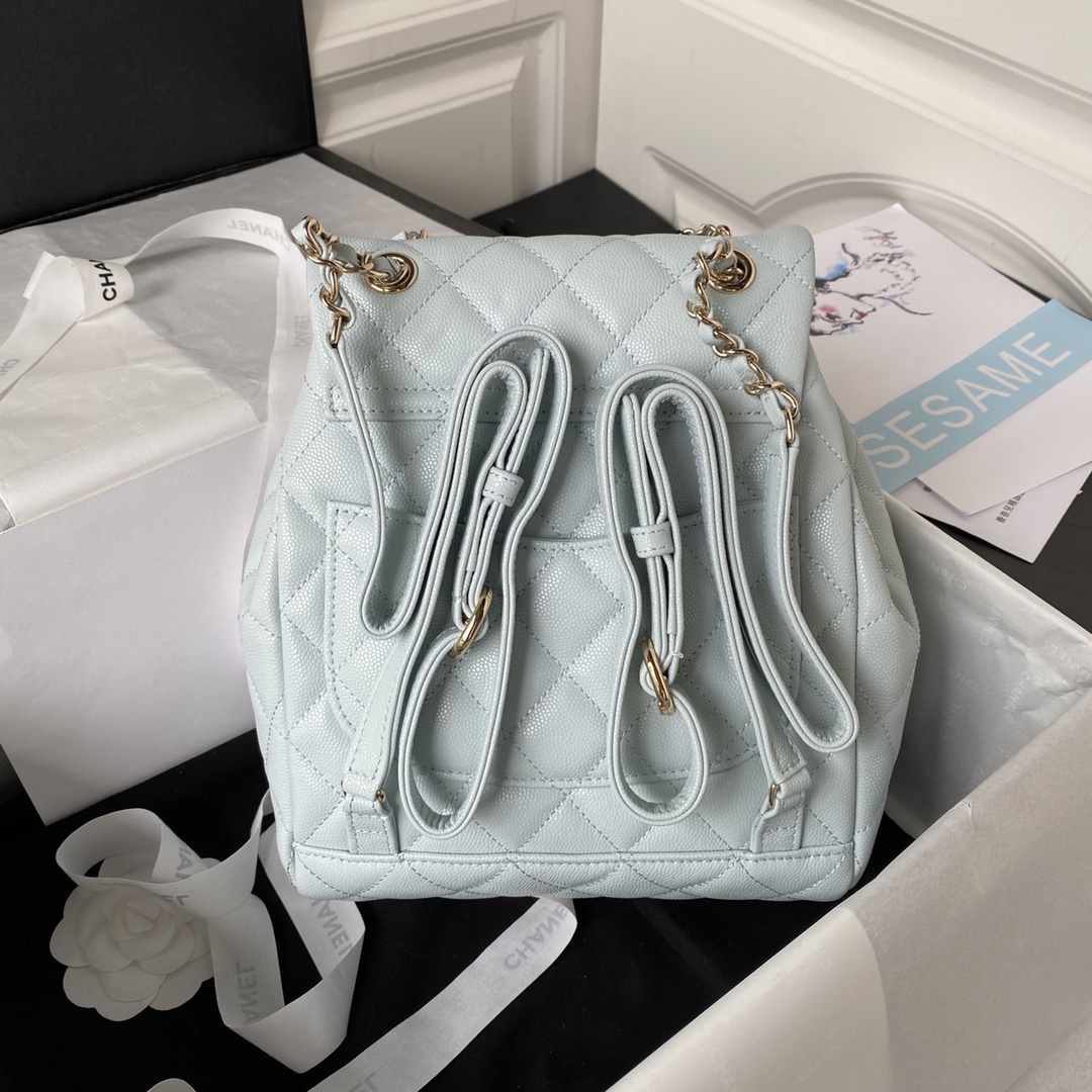 Bagsaaa Ch**el Calfskin Plain Caviar Leather Light Blue Backpack - 25X20X12cm