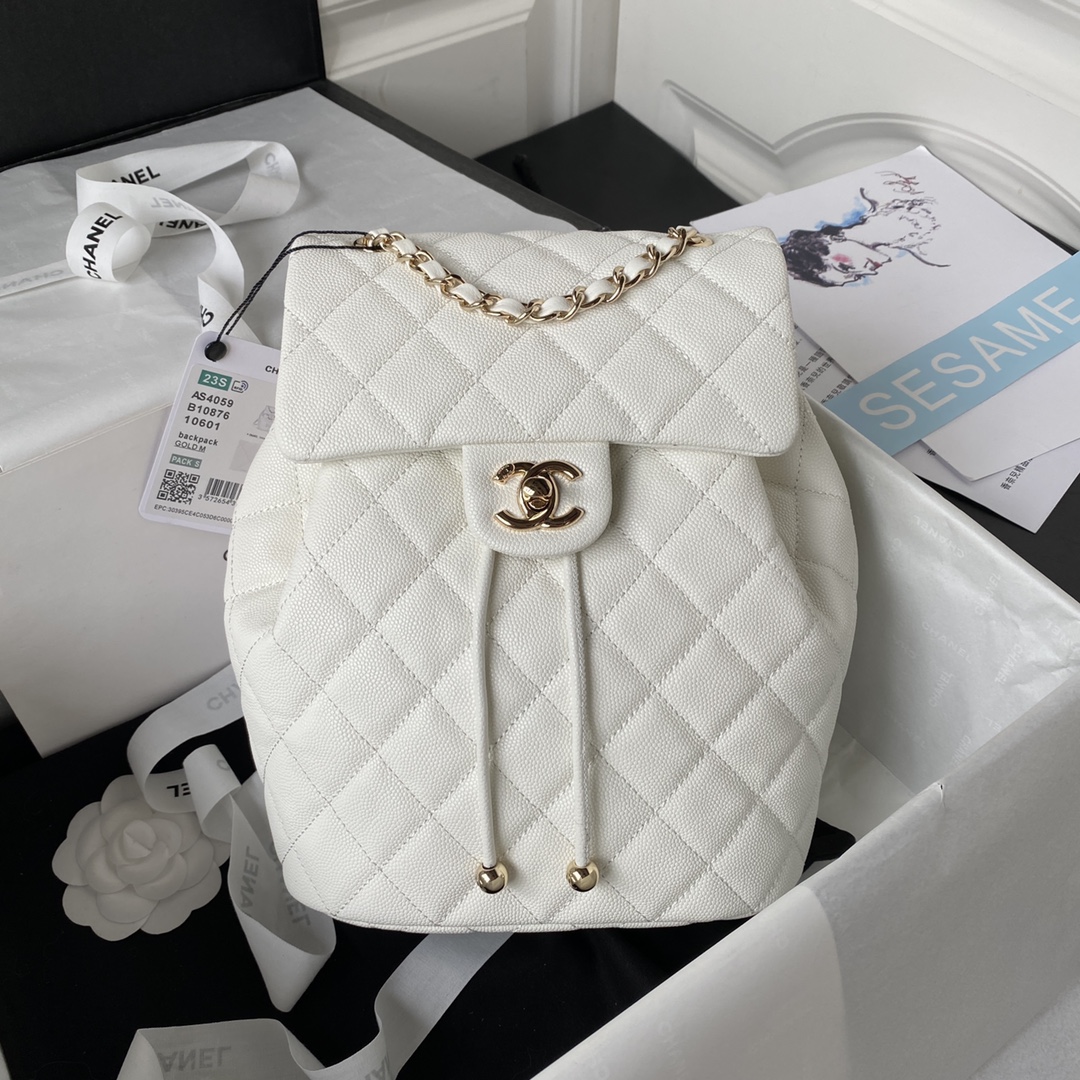 Bagsaaa Ch**el Calfskin Plain Caviar Leather White Backpack - 25X20X12cm