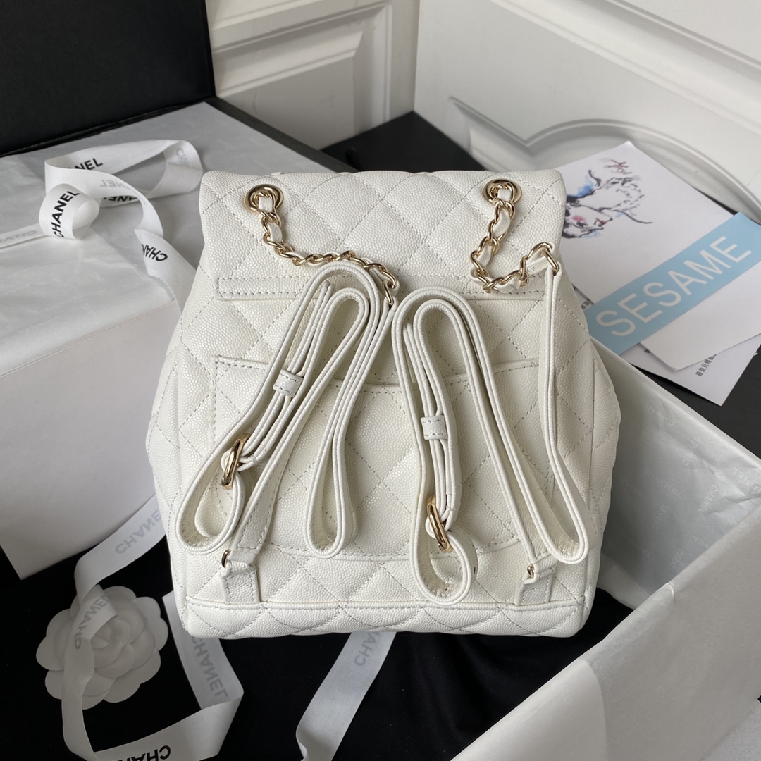 Bagsaaa Ch**el Calfskin Plain Caviar Leather White Backpack - 25X20X12cm