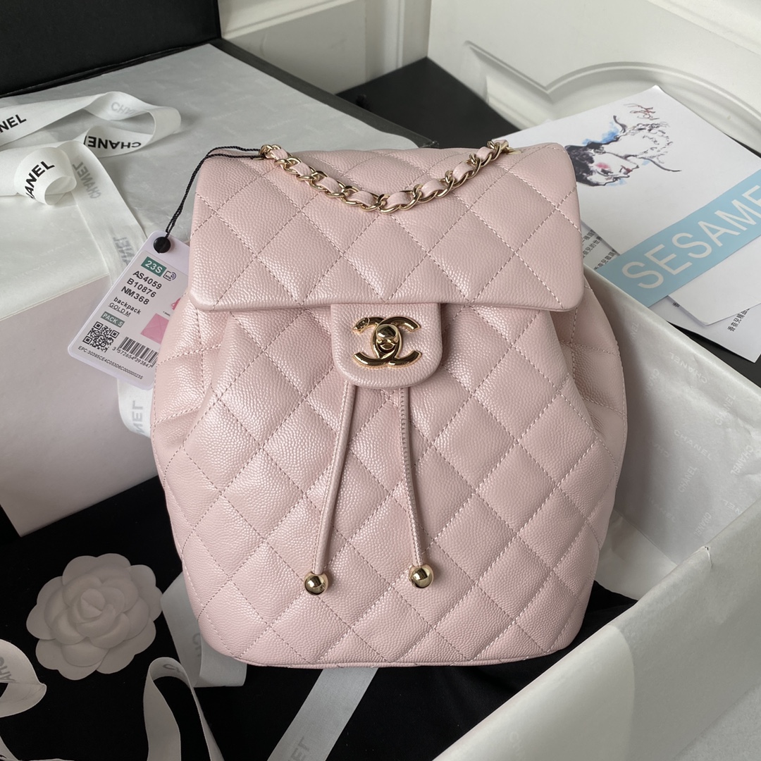 Bagsaaa Ch**el Calfskin Plain Caviar Leather Light PinkBackpack - 25X20X12cm