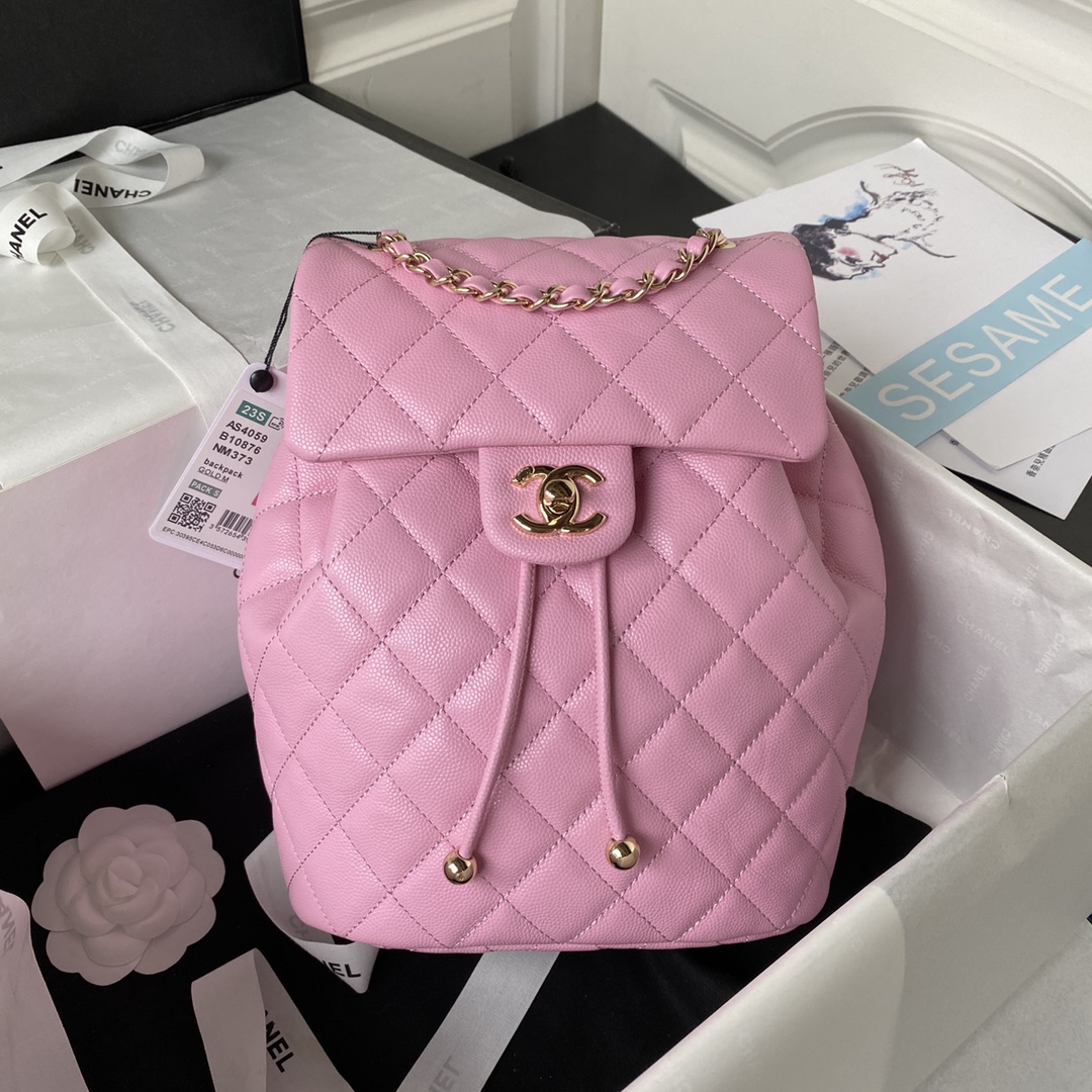 Bagsaaa Ch**el Calfskin Plain Caviar Leather Pink Backpack - 25X20X12cm