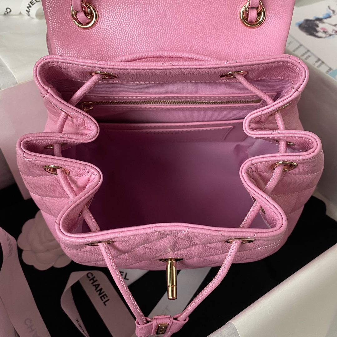 Bagsaaa Ch**el Calfskin Plain Caviar Leather Pink Backpack - 25X20X12cm
