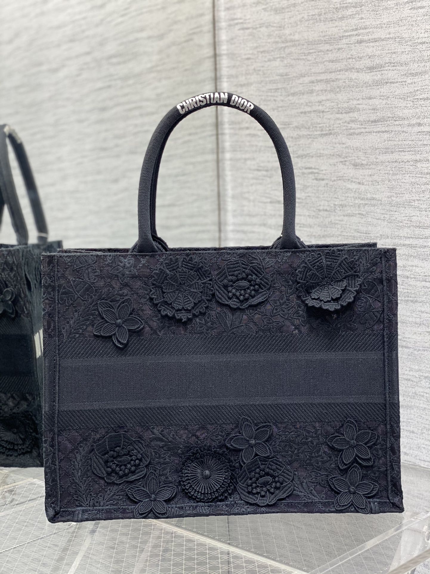 Bagsaaa D10r Medium Book Tote Black Multicolor D-Lace Embroidery with 3D Macramé Effect (36 x 27.5 x 16.5 cm)
