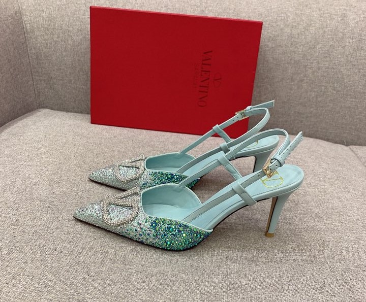 Bagsaaa Va1e*ntin0 VLOGO GLOW Crystal SLINGBACK Blue PUMP 80 MM