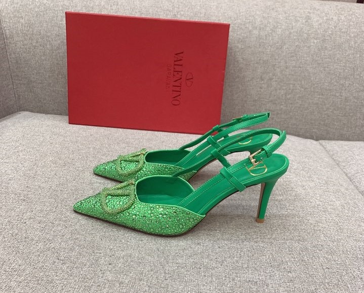 Bagsaaa Va1e*ntin0 VLOGO GLOW Crystal SLINGBACK Green PUMP 80 MM