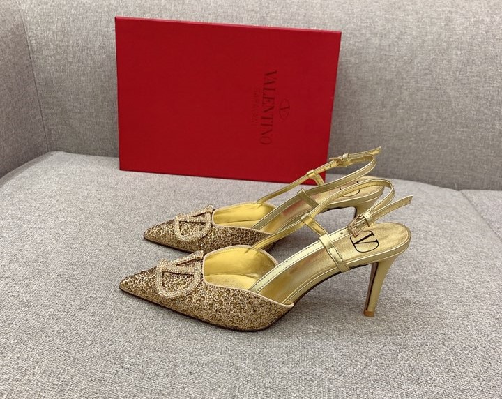 Bagsaaa Va1e*ntin0 VLOGO GLOW Crystal SLINGBACK gold PUMP 80 MM