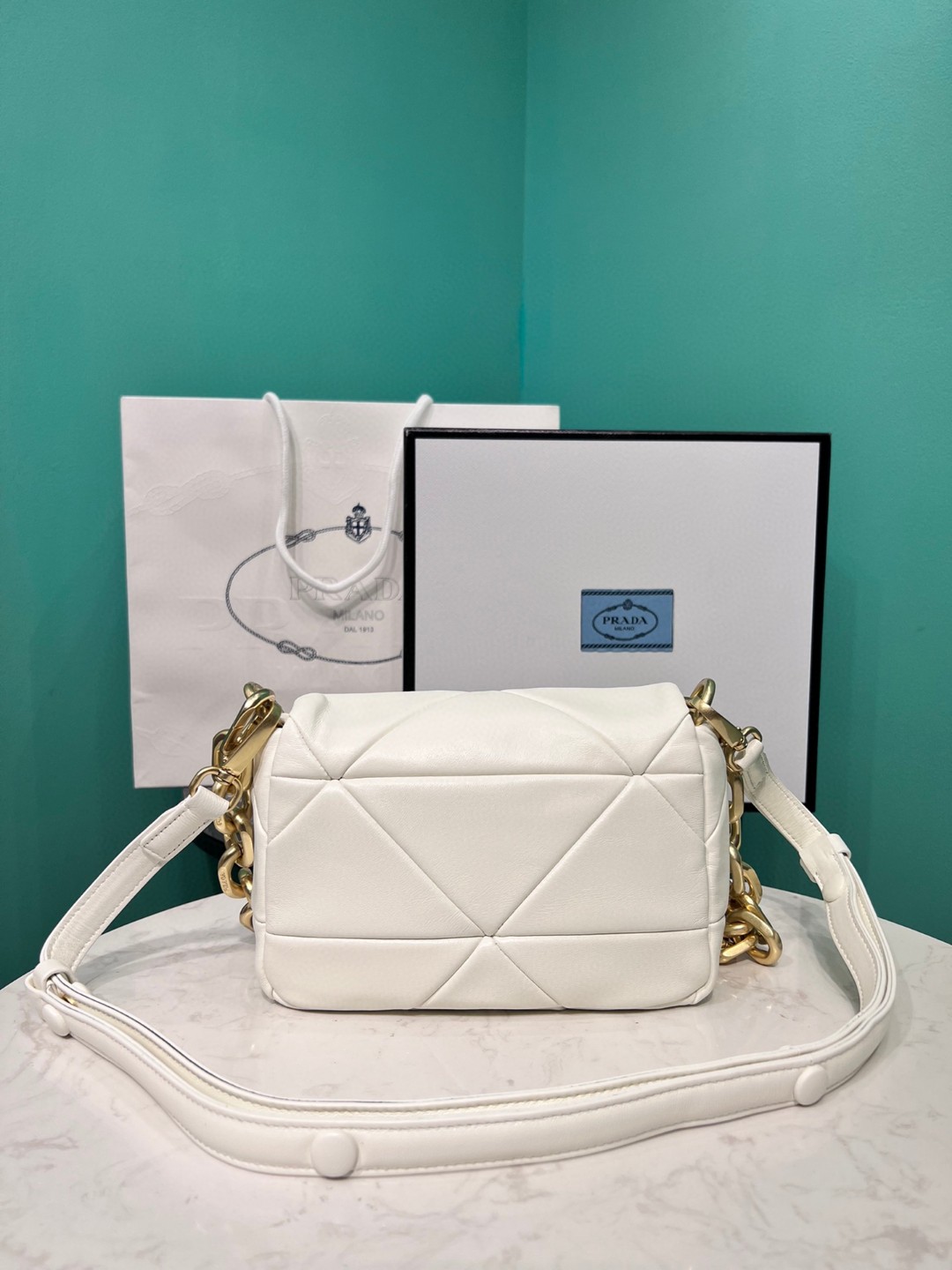 Bagsaaa Pra*a System nappa patchwork shoulder bag white -21*15*6.5cm