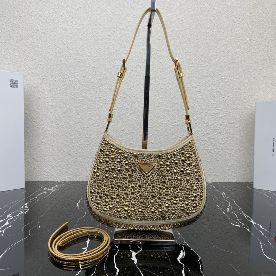 Bagsaaa Pra*a Cleo satin bag with crystals gold - 22*18.5*4.5cm