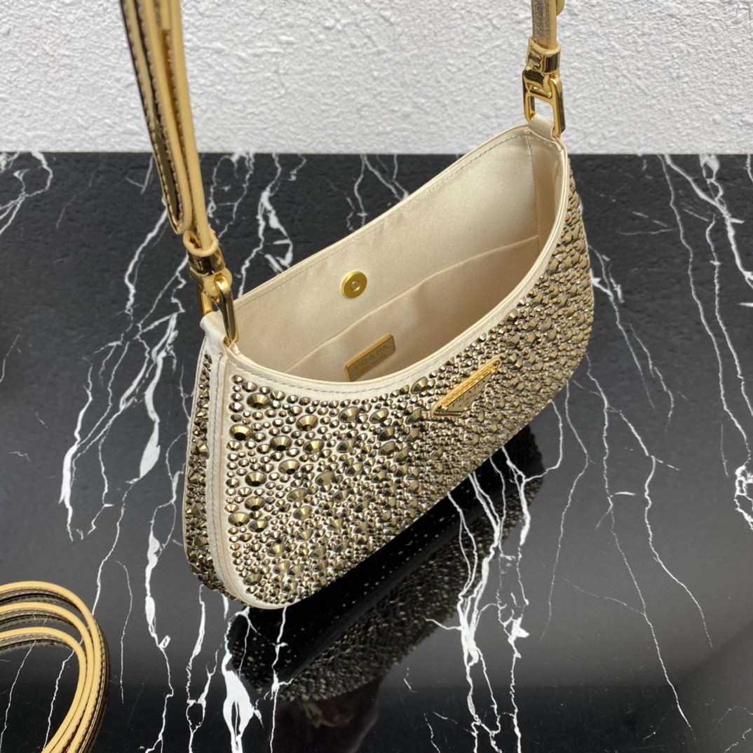 Bagsaaa Pra*a Cleo satin bag with crystals gold - 22*18.5*4.5cm