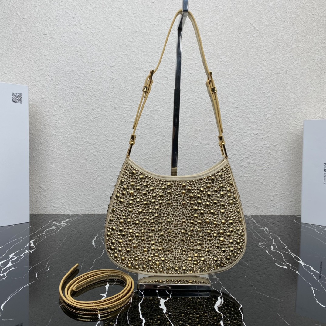 Bagsaaa Pra*a Cleo satin bag with crystals gold - 22*18.5*4.5cm