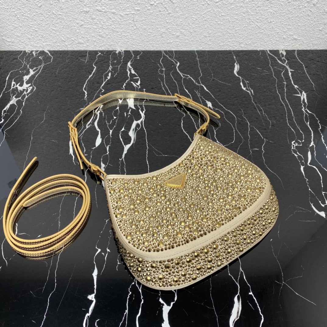 Bagsaaa Pra*a Cleo satin bag with crystals gold - 22*18.5*4.5cm