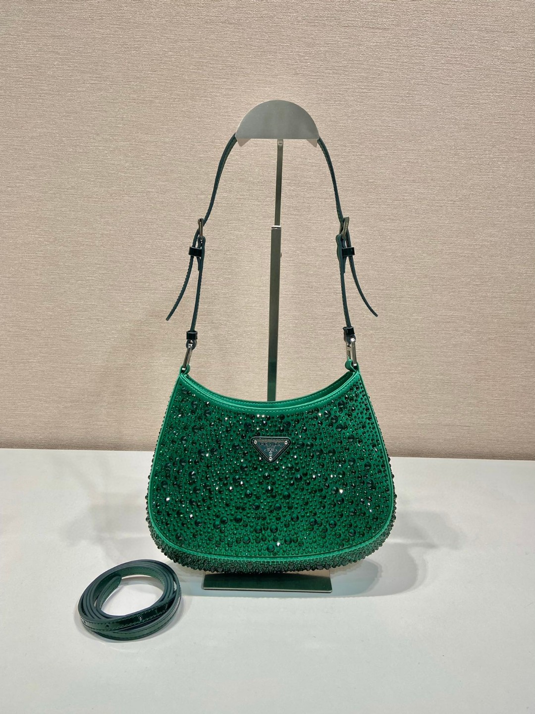 Bagsaaa Pra*a Cleo satin bag with crystals green - 22*18.5*4.5cm