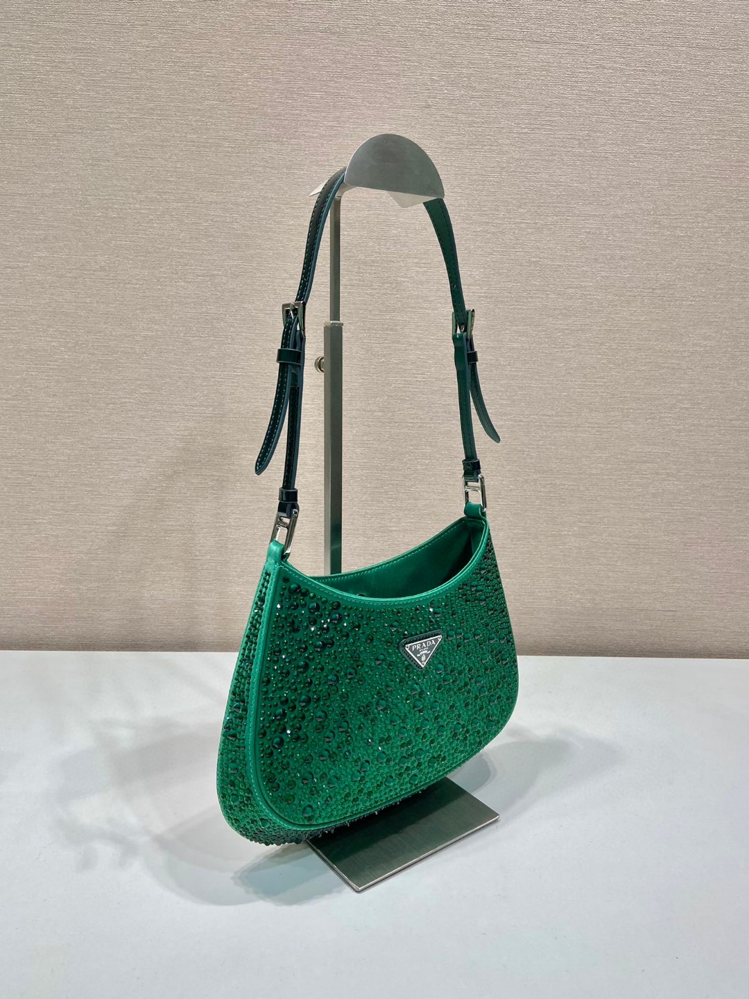 Bagsaaa Pra*a Cleo satin bag with crystals green - 22*18.5*4.5cm