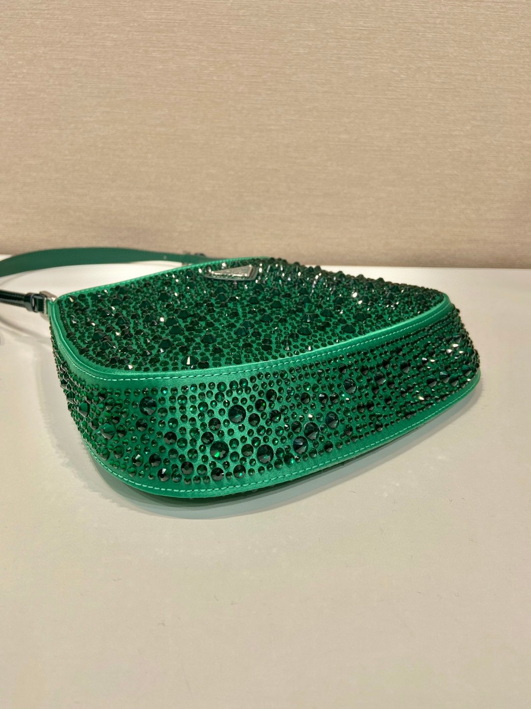 Bagsaaa Pra*a Cleo satin bag with crystals green - 22*18.5*4.5cm