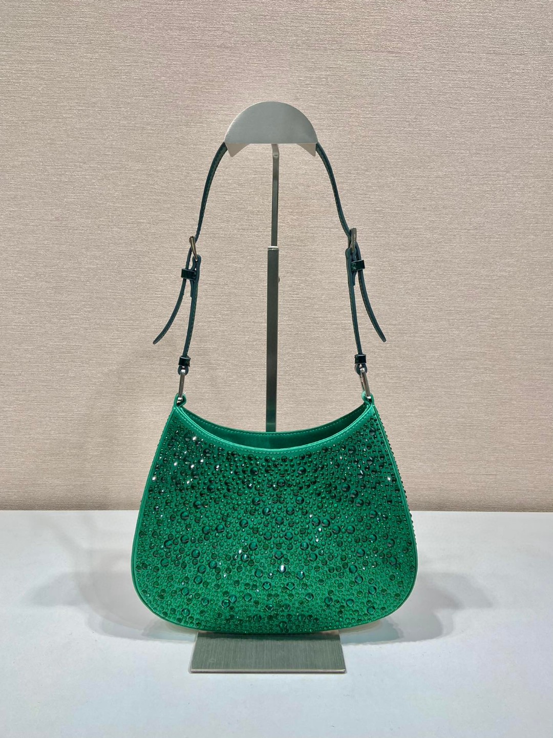 Bagsaaa Pra*a Cleo satin bag with crystals green - 22*18.5*4.5cm