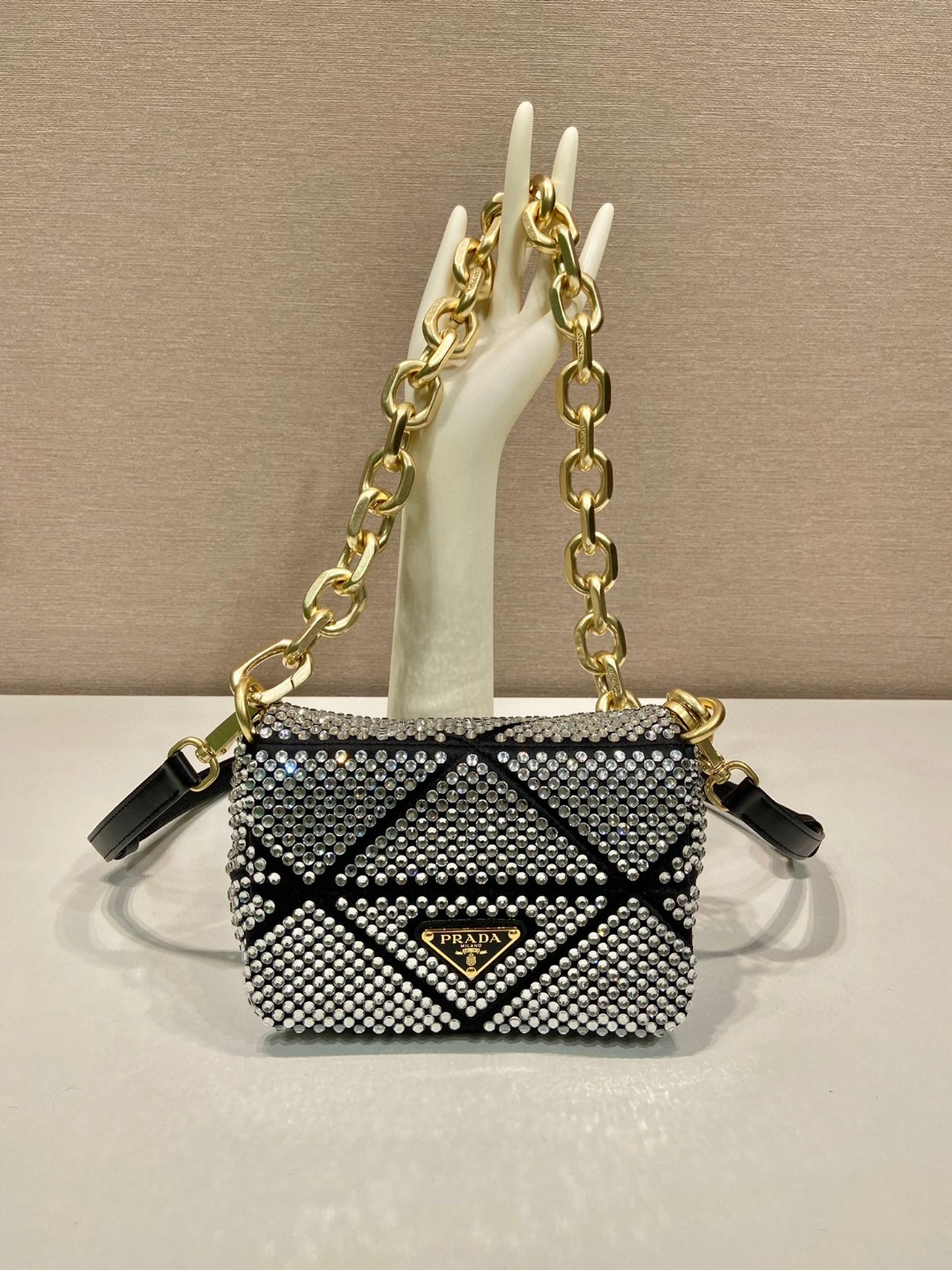 Bagsaaa Pra*a Mini Crystal-embellished Triangle Logo Black Shoulder Bag - 17*11.5*6.5cm