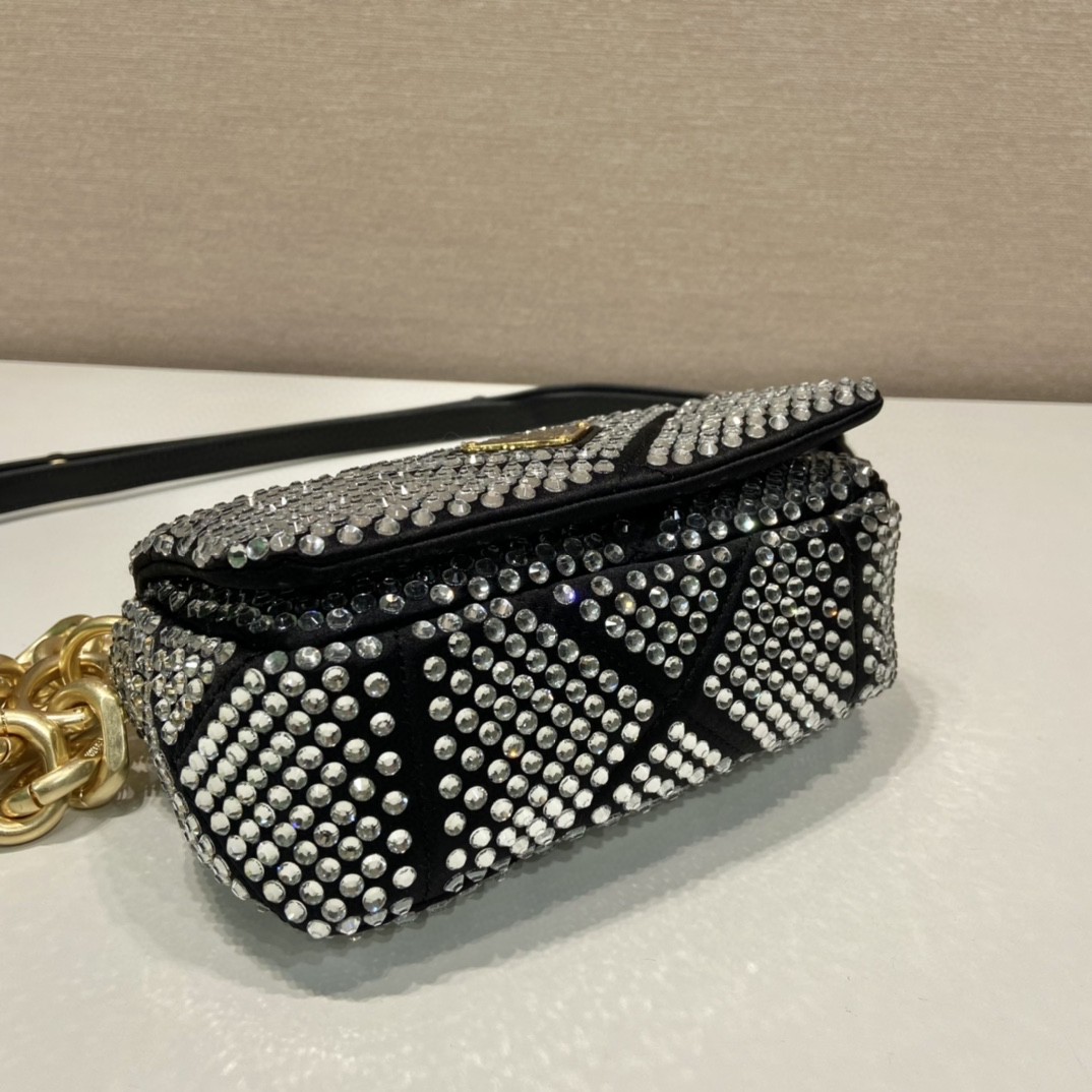 Bagsaaa Pra*a Mini Crystal-embellished Triangle Logo Black Shoulder Bag - 17*11.5*6.5cm