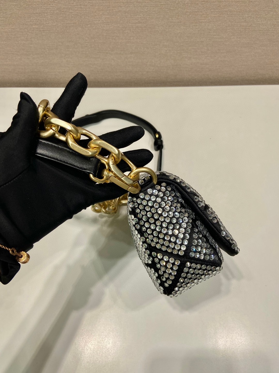 Bagsaaa Pra*a Mini Crystal-embellished Triangle Logo Black Shoulder Bag - 17*11.5*6.5cm