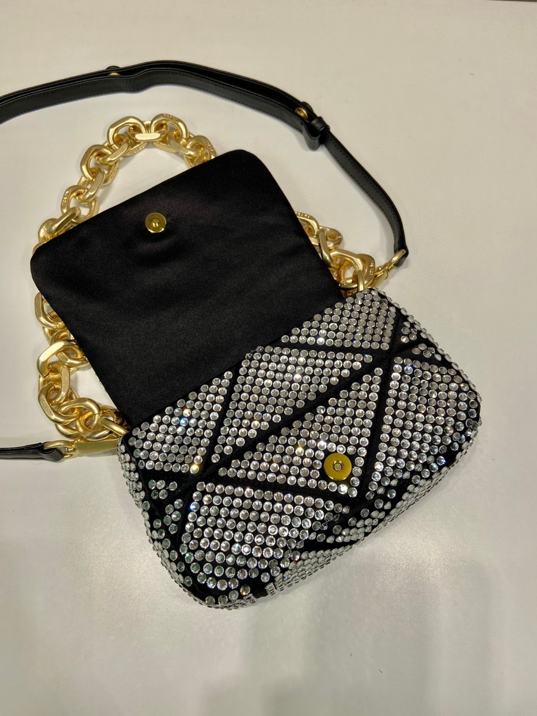 Bagsaaa Pra*a Mini Crystal-embellished Triangle Logo Black Shoulder Bag - 17*11.5*6.5cm