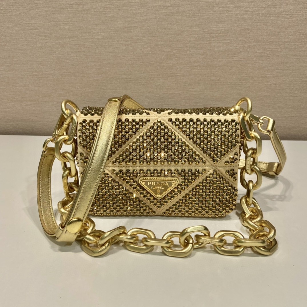 Bagsaaa Pra*a Mini Crystal-embellished Triangle Logo Gold Shoulder Bag - 17*11.5*6.5cm