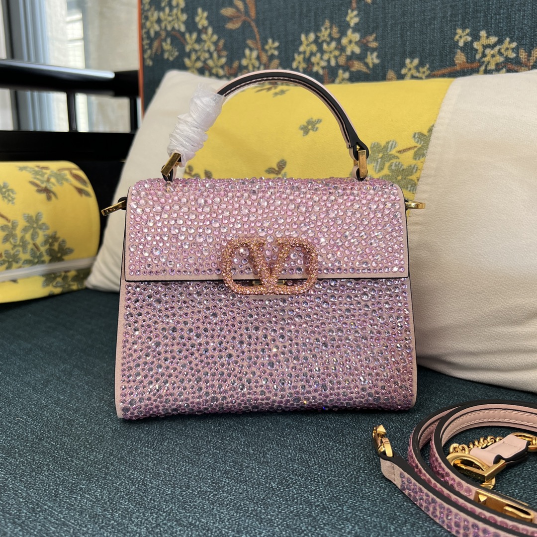 Bagsaaa Va1e*ntin0 Vsling Mini Handbag With Sparkling Embroidery Pink - W19xH13xD9 cm