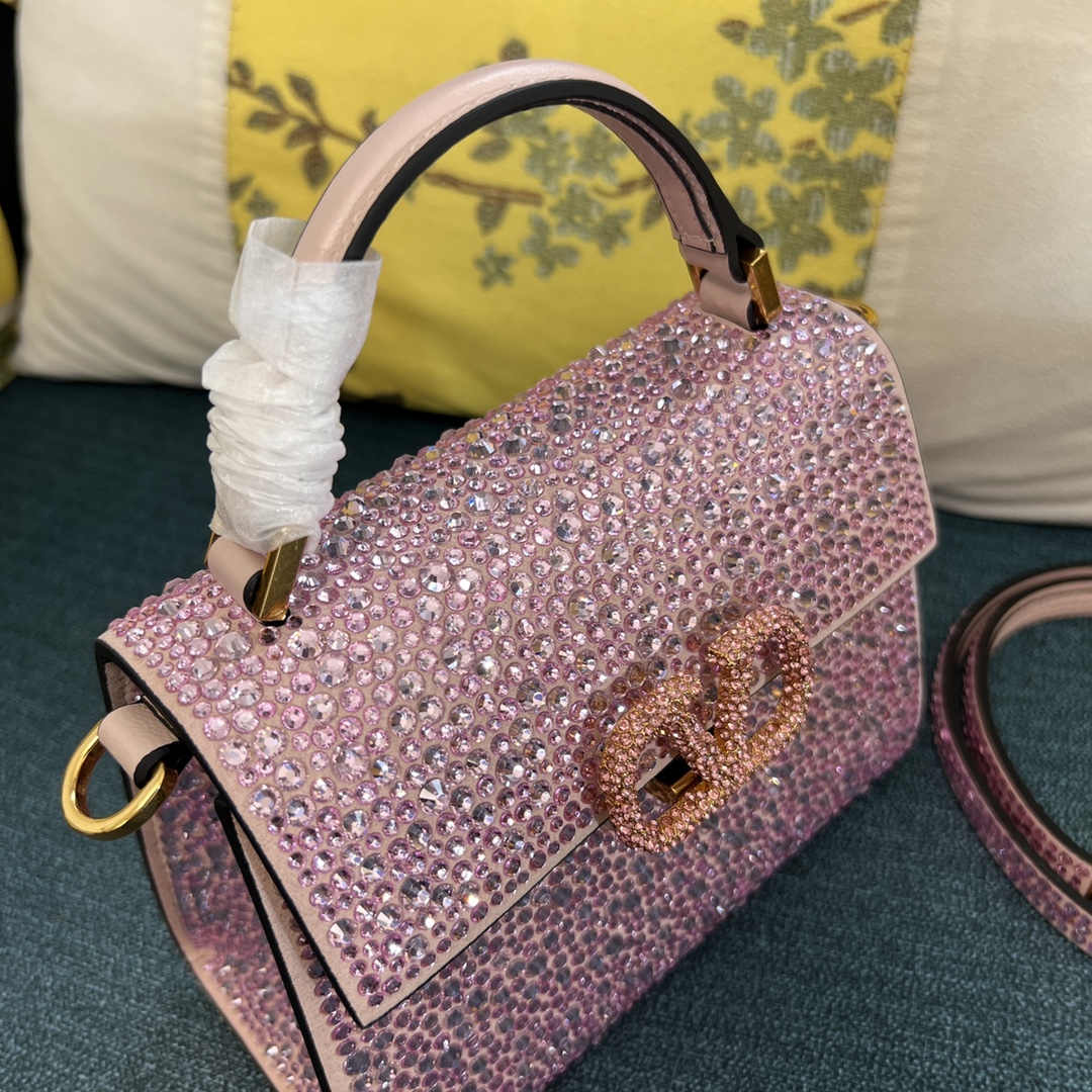 Bagsaaa Va1e*ntin0 Vsling Mini Handbag With Sparkling Embroidery Pink - W19xH13xD9 cm