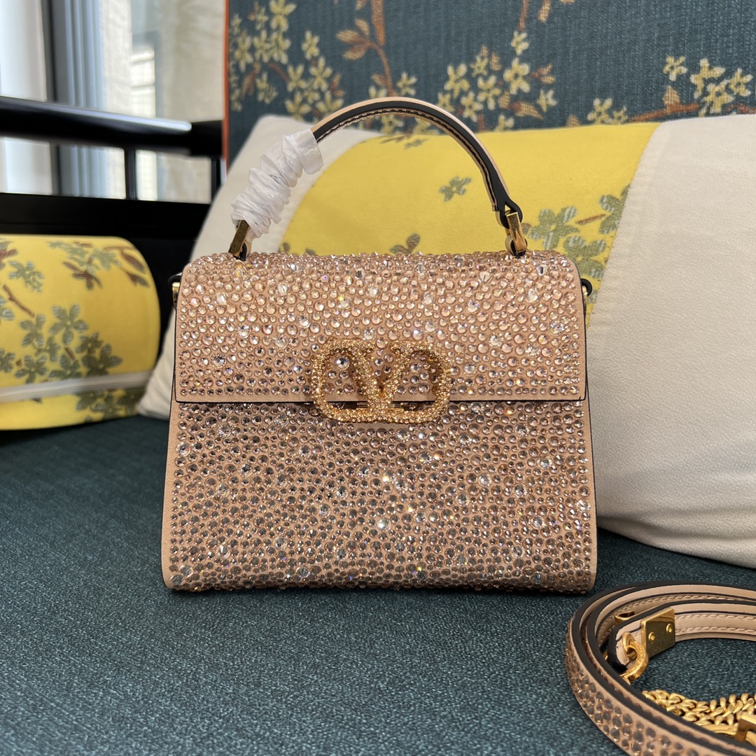 Bagsaaa Va1e*ntin0 Vsling Mini Handbag With Sparkling Embroidery Beige - W19xH13xD9