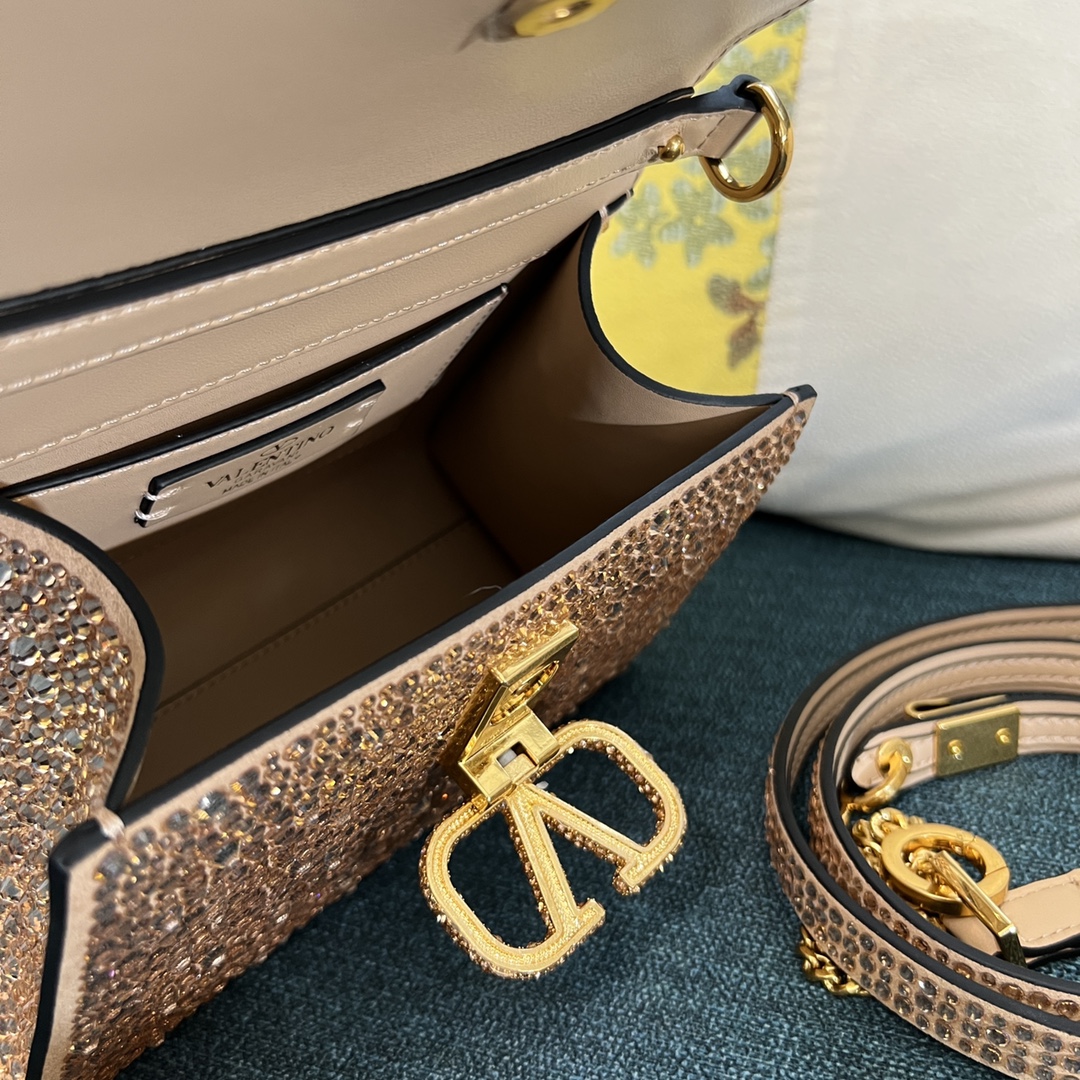 Bagsaaa Va1e*ntin0 Vsling Mini Handbag With Sparkling Embroidery Beige - W19xH13xD9