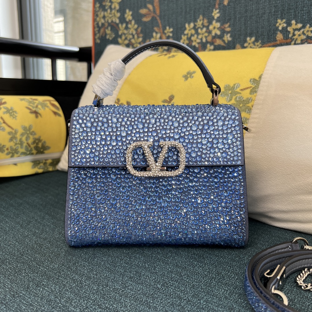 Bagsaaa Va1e*ntin0 Vsling Mini Handbag With Sparkling Embroidery Blue - W19xH13xD9