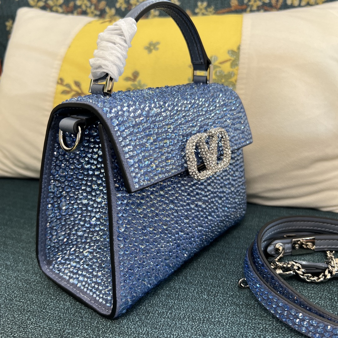 Bagsaaa Va1e*ntin0 Vsling Mini Handbag With Sparkling Embroidery Blue - W19xH13xD9
