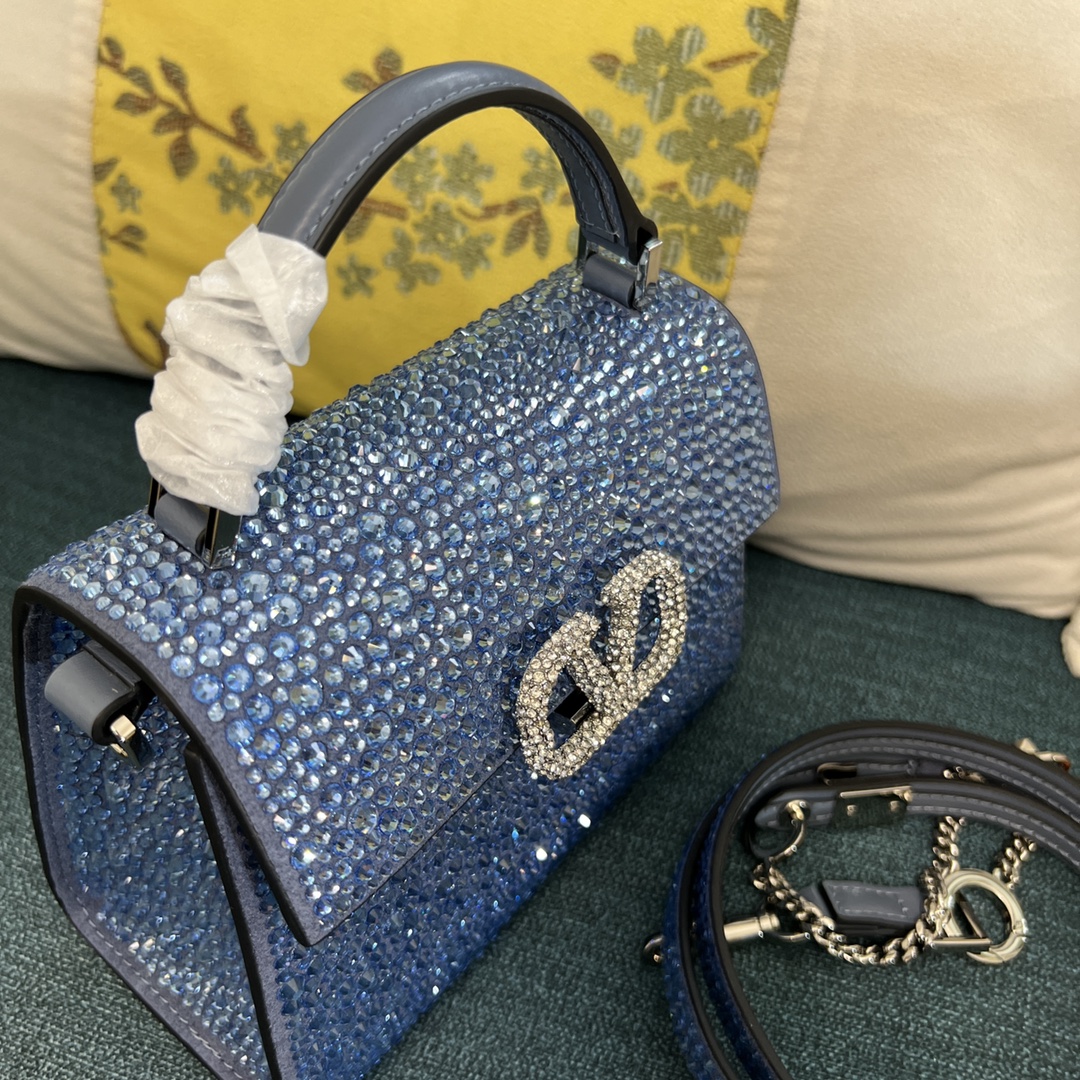 Bagsaaa Va1e*ntin0 Vsling Mini Handbag With Sparkling Embroidery Blue - W19xH13xD9