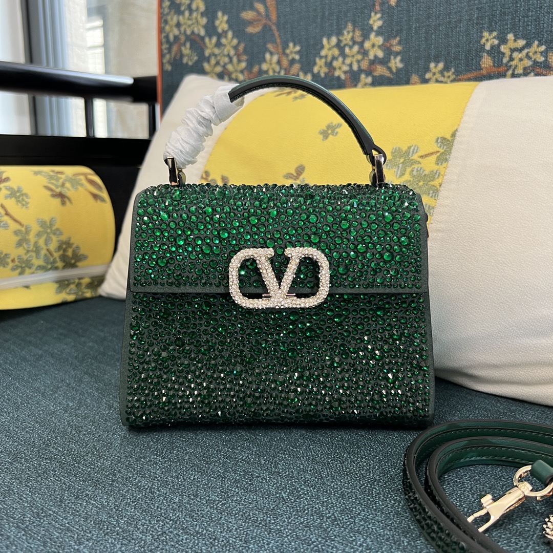 Bagsaaa Va1e*ntin0 Vsling Mini Handbag With Sparkling Embroidery Green - W19xH13xD9