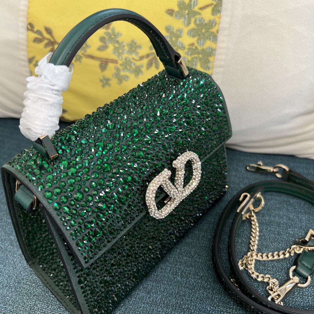 Bagsaaa Va1e*ntin0 Vsling Mini Handbag With Sparkling Embroidery Green - W19xH13xD9